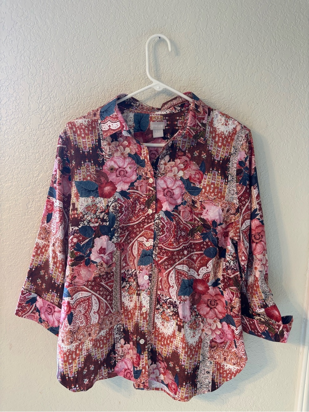 Chico’s No Iron Floral Patchwork Blouse Size 2.5 XL Whimsical Boho